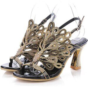 Women's Black Rhinestone Peacock Pattern Chunky Stylish Comfortable Sandal Heel
